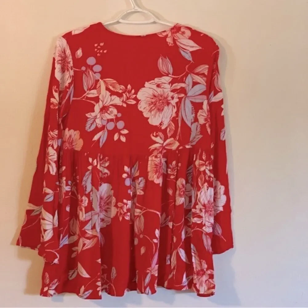 Boho Free People Top Rayon Red Floral Sz Small Gorgeous - Picture 7 of 7